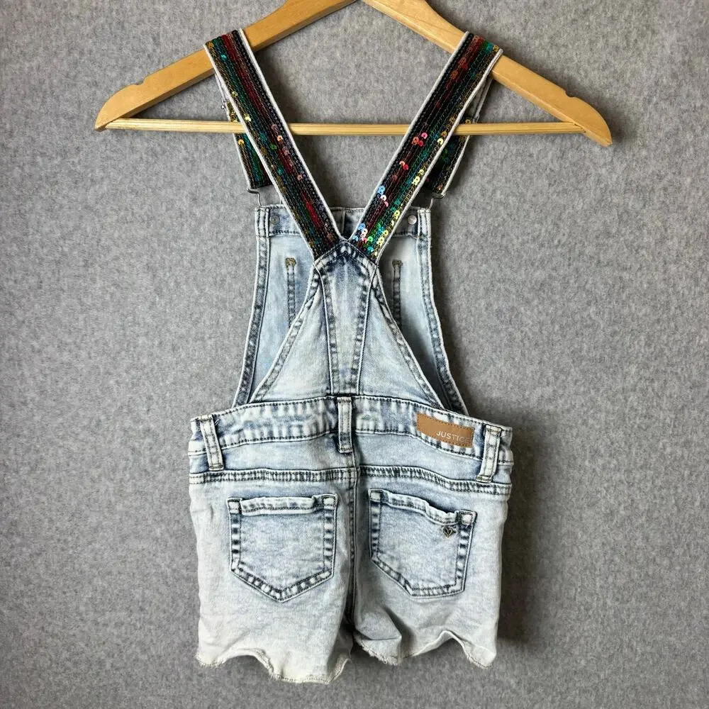 Vintage Justice Overalls & T-Shirt Jelly Belly Girls Size 7 Retro Rainbow Shorts